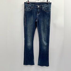 Y2k ROCK & REPUBLIC Flare Blue Jeans Rhinestone Studded Metal Punk Flap Womens 4